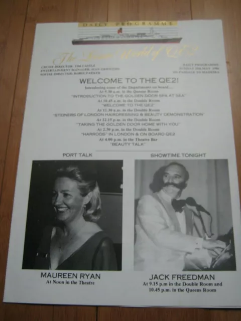 Qe2 Daily Programme 1986 Madeira Cruise Maureen Ryan Jack Freedman Cunard Ship