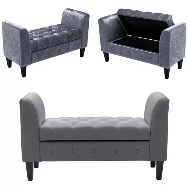 Grey Velvet Window Seat Ottoman Storage Box Chest Footstool Bench Bed End Chair