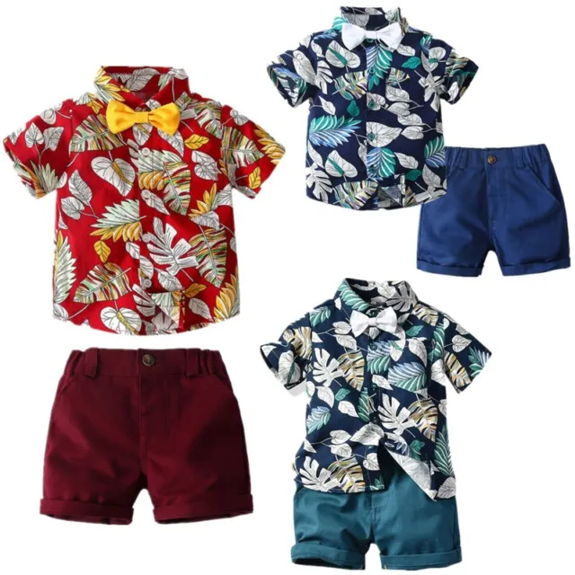Kids Boys Gentleman Outfit Short Sleeve Printed Shirt Shorts Summer Casual Set