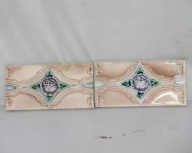 2 Pc Vintage Flower Majolica Decorative Art Nouveau Architecture Tiles, Japan