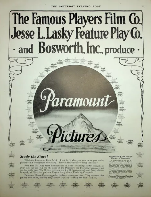 Original Ad for Paramount Pictures, The Famous Players, Jesse L. Lasky, Bosworth