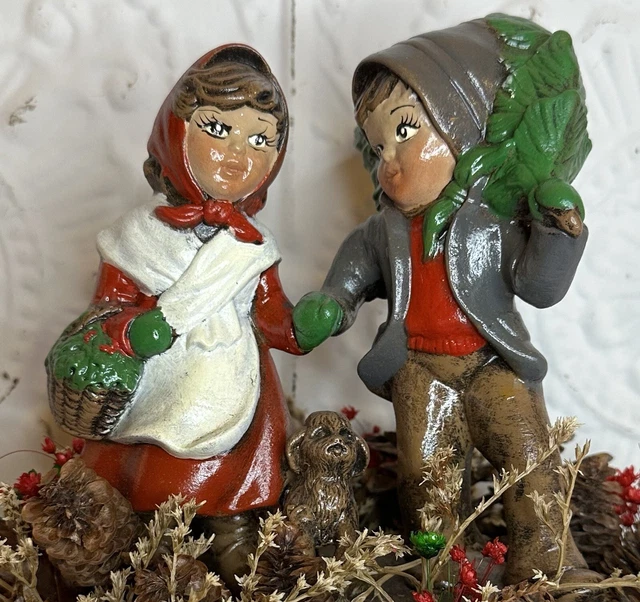 Vintage Ceramic Girl Puppy Boy Carrying Tree Christmas Figurine Birch Pine Comes 4