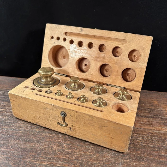 VINTAGE WEIGHT SET Gram Brass Balance Scale Calibration Wooden Box
