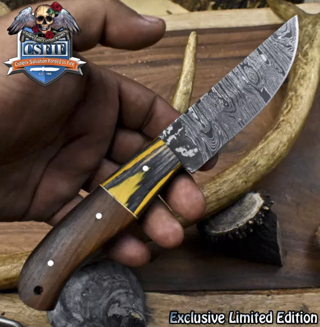 CSFIF Hand Forged Skinner Knife Twist Damascus Walnut Wood Wooden Bolster Sports