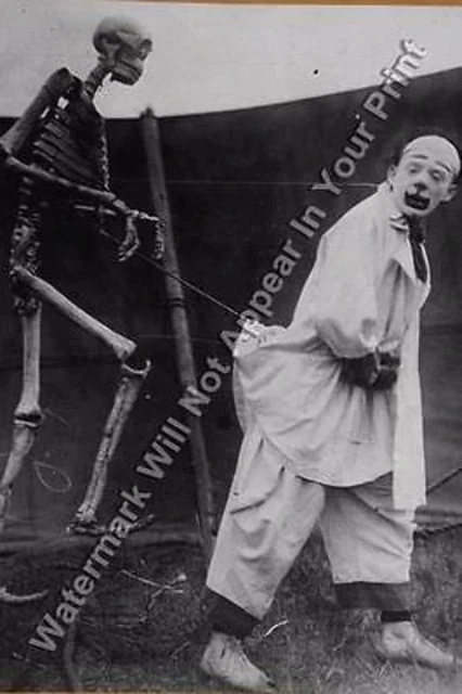 FREAKY A121 STRANGE ODD BIZARRE Circus Clown Skeleton Scary CREEPY VINTAGE PHOTO