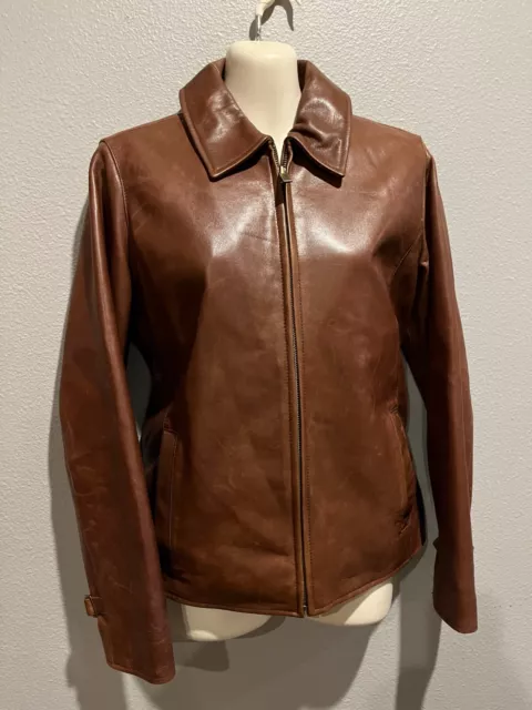 Women's EDDIE BAUER Brown Full Zip Lambskin Lamb Leather Jacket Size PS