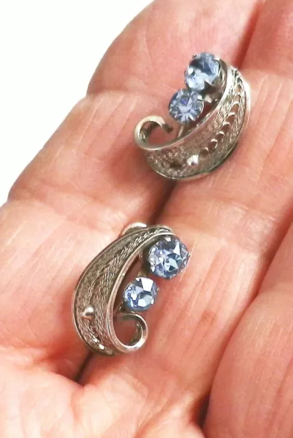 Van Dell Filigree Sterling Silver Blue Crystal Rhinestones Screw Back Earrings