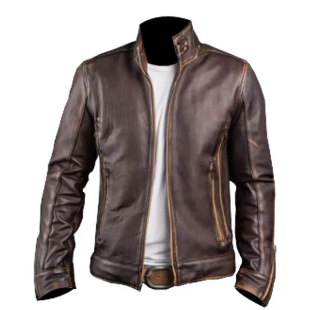 Men's Cafe Racer Motorcycle Biker Vintage Brown Distressed Real Leather Jacket