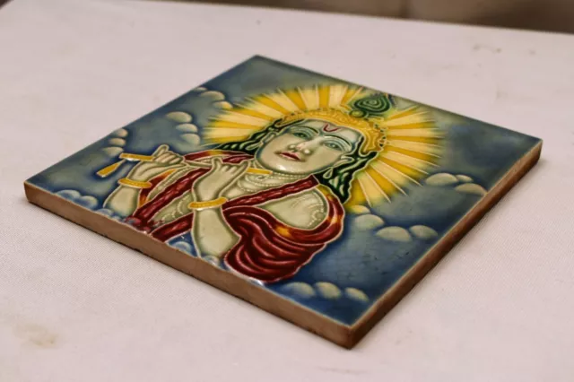 Antique Tile Art Nouveau Majolica Japan Lord Krishna Playing The Flute Porcel"J9 3