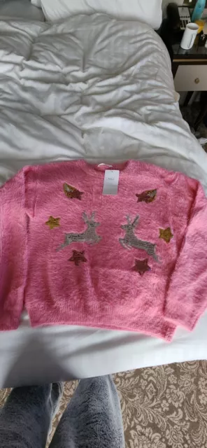 Beautiful Pink GIRLS M&S Christmas Reindeer Jumper BNWT Age 15-16