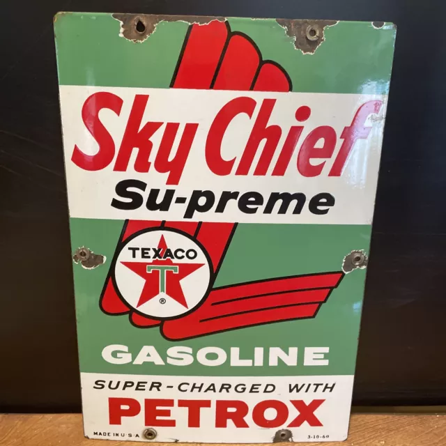 3-10-60 Original "Texaco" Sky Chief 15X10 Inch Gas & Oil Porcelain Pump Plate