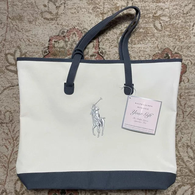 NWT Ralph Lauren Romance Signature Canvas Tote Bag Navy Neutral