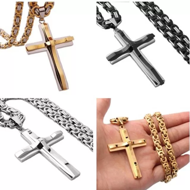 Hot Men Stainless Steel Cross Pendant Gold Silver Black Necklace Byzantine Chain