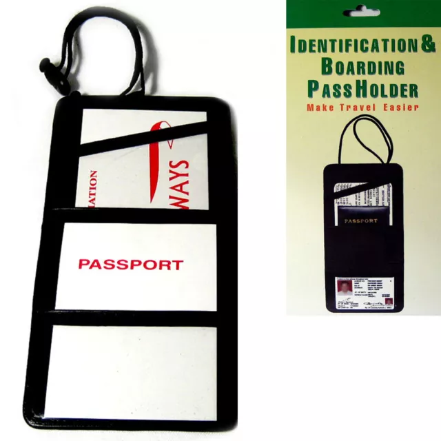 BLACK LEATHER PASSPORT Boarding Pass Ticket ID Card Thin Holder Neck ...