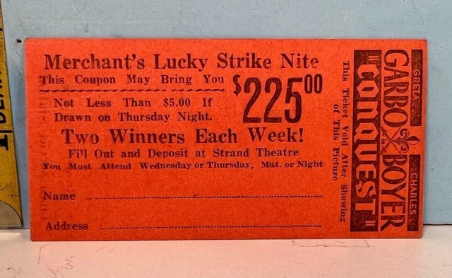 1940's Conquest Theater Merchants Lucky Strike Movie Raffle Ticket Garbo, Boyer'