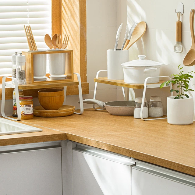 (Microwave Shelf) Cabinet Shelf Organizers Compact Side Handle Wooden