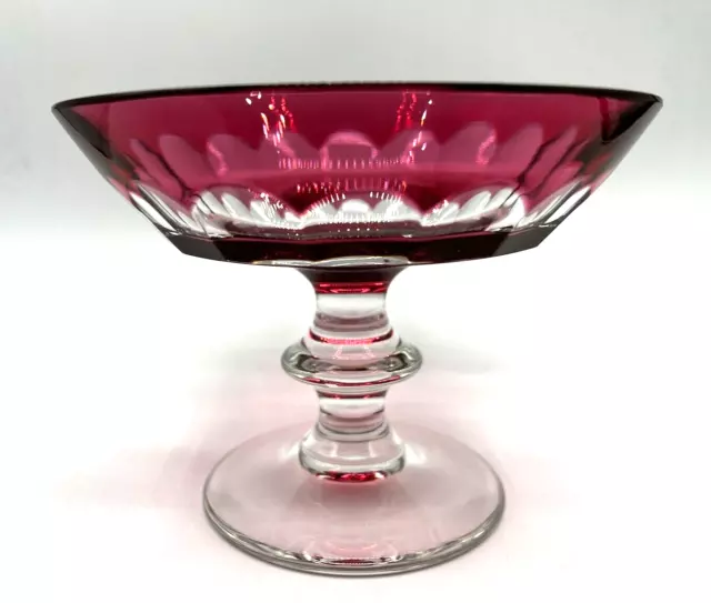 Val St Lambert-Brilliant Period Cut Glass-Cranberry Cut-Clear Pedestal Compote