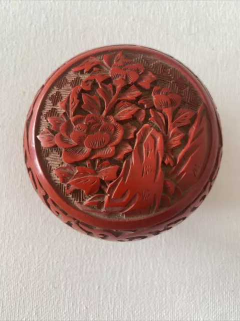 Antique Chinese Cinnabar Red Carved Lacquer Round Trinket Box Brass Blue Enamel