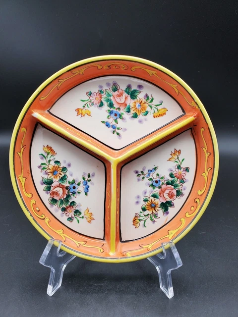 1920s Japanese Divided Dish Moriyama Mori-Machi Made in Japan Orange Floral 