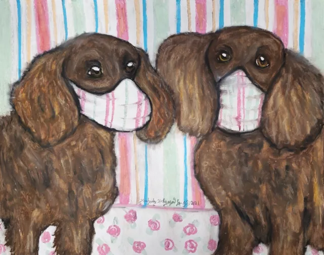 American Water Spaniel in Masks ACEO PRINT Art Card 2.5 X 3.5 Dog Collectible