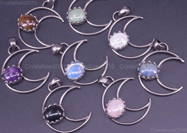 Natural Gemstone Crescen Moon Reiki Chakra Healing Pendant Beads Tibetan Silver