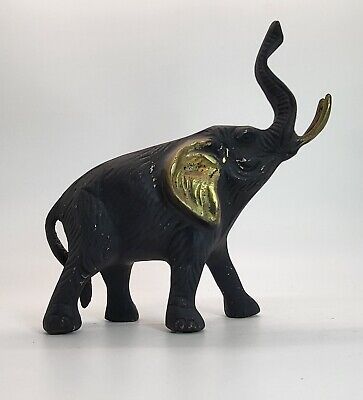 Vintage Painted Metal Brass Elephant Figurine 6.5" Tall