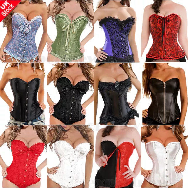 Women Fancy Boned Lace-Up Burlesque Basque Top Corset Overbust Costume Size 6-24