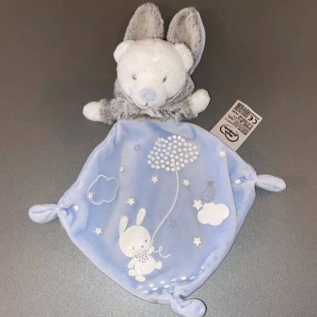 Doudou Plat Mots D'enfants Ours Capuche Lapin Bleu Blanc Gris
