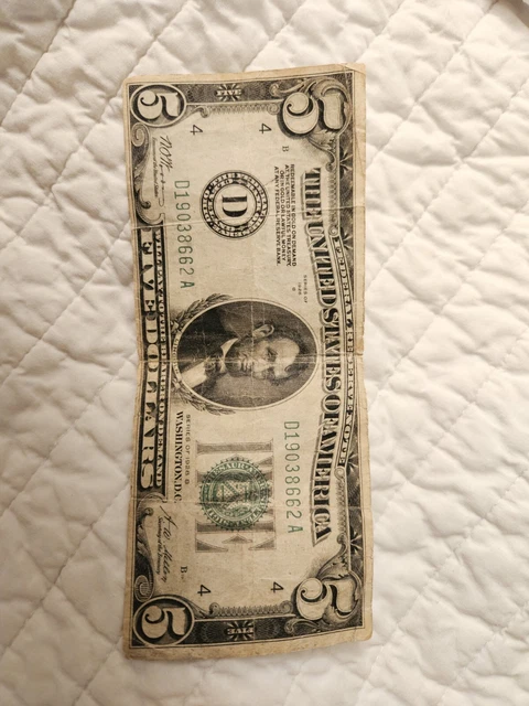 1928 B Five Dollar Federal Reserve Note $5 REDEEMABLE IN GOLD #65154