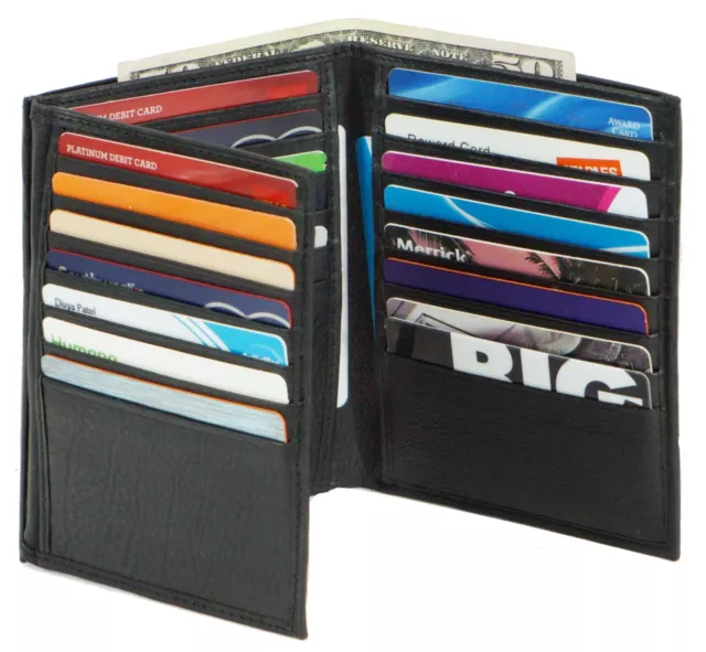 Mens European Cowhide Leather Trifold Mens Wallet 2 ID-20 Card Slots Black