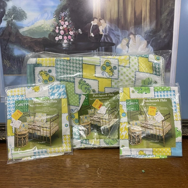 Vtg Curity Baby Fitted Crib Sheet Quilted Blanket Patchwork Pals Animals Bundle