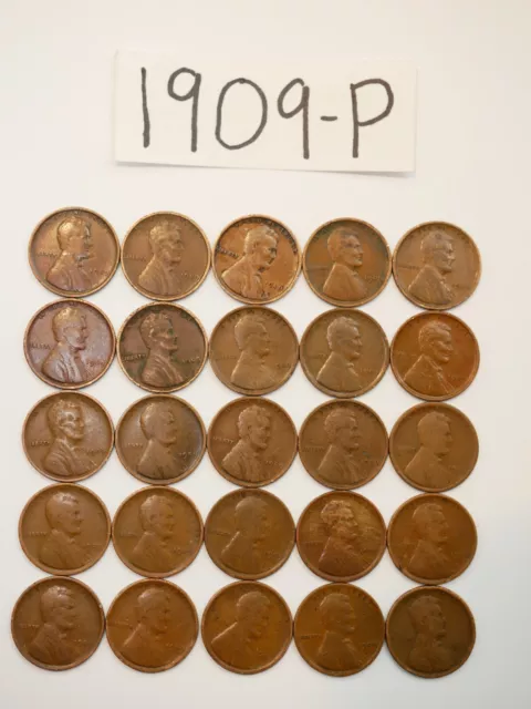 1909-P Cent Half Roll Solid Date = 25 Lincoln Wheat Pennies (8+ Items Ship Free)