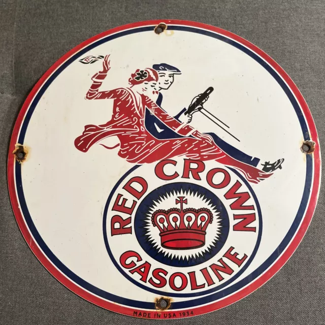 Vintage 1934 Red Crown Gasoline Motor Oil Porcelain Gas Station Metal Sign 12"