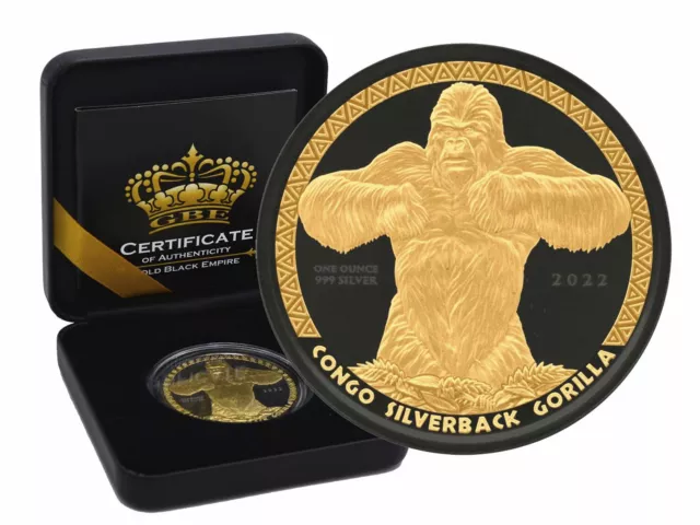 1 OZ Silber Congo 500 Francs 2022 Silberrücke Gorilla Gold Black Empire Edition