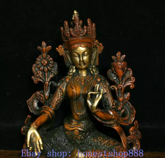7.4" Old Tibetan Red Copper Gilt Temple Green Tara Enlightenment Sculpture 2