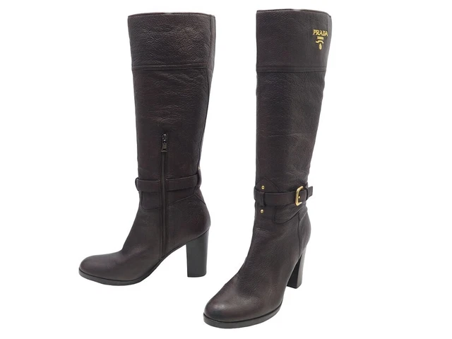 Chaussures Prada Bottes A Talons 39 En Cuir Marron Avec Lien Boucle Boots 1690€