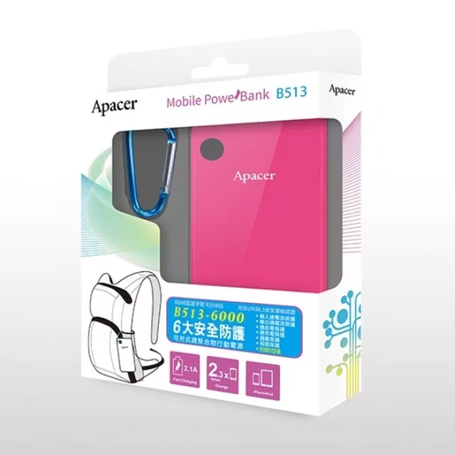 Apacer B513 Powerbank External Rechargeable Battery - 6000mAh, 2.1A - Pink