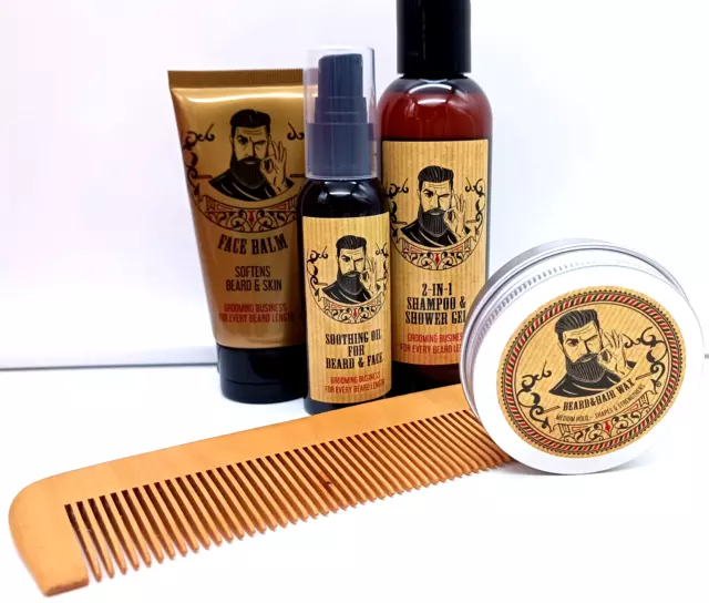 Bartpflege Set mit Shampoo Bartöl Pflegebalsam Wachs Holzkamm Geschenkset Männer