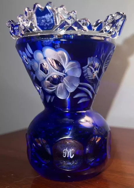 Meissen Bleikristall cobalt crystal bud vase sawtooth cut to clear german