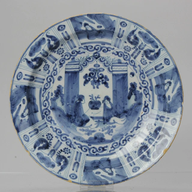 Antique 17/18th C Dutch Kraak Large Plate Charger Delftware Delft Blue Figures