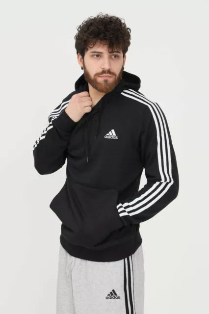 Nwt Men Adidas H09062 Essential 3- Stripe French Terry Hd Black/White Hoodie 2