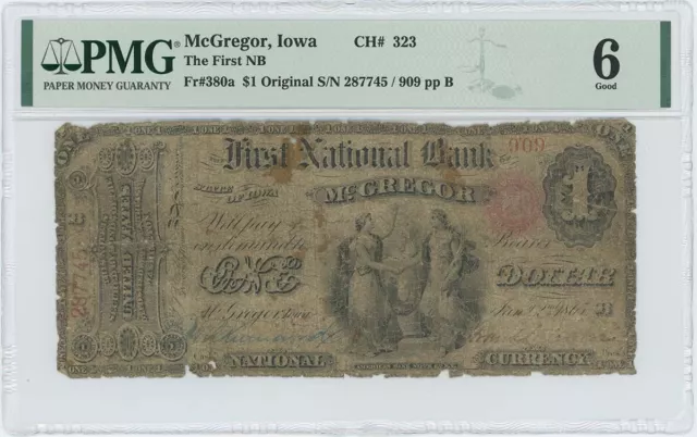 1865 $1 First NB McGregor Iowa FR#380a CH# 323 PMG Good 6