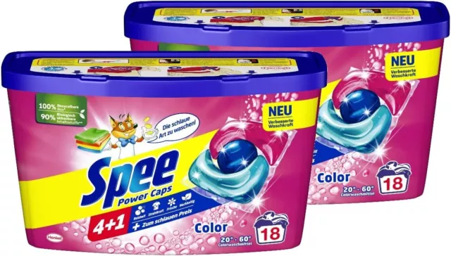 Spee Power Caps Color 4+1 Colorwaschmittel für Buntwäsche, vordosiert, 2x 18 WL