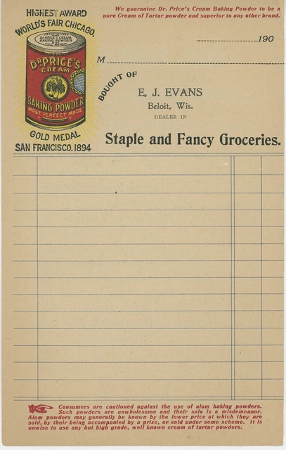 1900s E. J. Evans Billhead Beloit Wisconsin Groceries Dr. Price's Baking Powder
