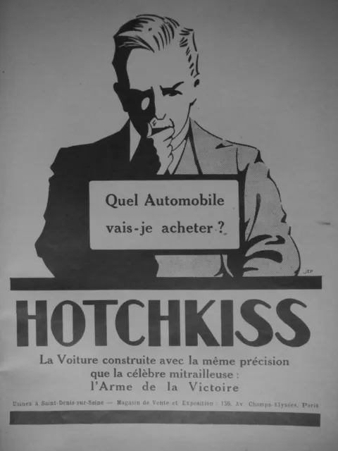 Publicité De Presse 1921 Automobile Hotchkiss Voitures De Précision - Dessin Jep