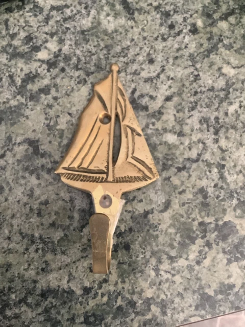 Vintage Solid Brass Boat Ship Sailboat Wall Hook Coat Towel Hanger 3 1/2"