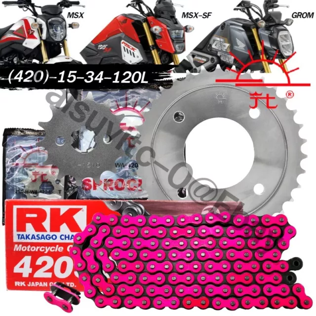 RK Chain 420-120Links Pink+JT Sprocket Kit Front15T/Rear34T For Grom125,MSX125