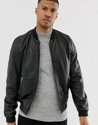 Uomo Nero Giacca Bomber IN Pelle Originale Morbido di Pecora Slim Fit