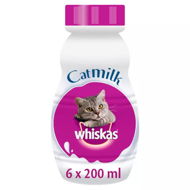 6 x 200ml Whiskas Adult Cat Milk Bottles Low Lactose Cat Treat No Preservatives
