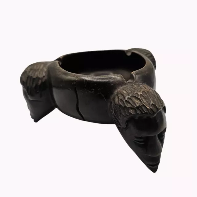 Unusual Wooden Hand Carved Tribal Ashtray Legs are Heads Warrior